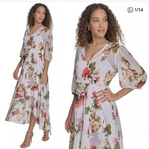 Calvin KleinWomen's Floral-print Faux-wrap Chiffon High-low Dress Sz 4 NWT